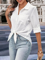 Plush Fashion Hub women's collared twisted front half-sleeve shirt, casual style, with a relaxed fit and stylish design.