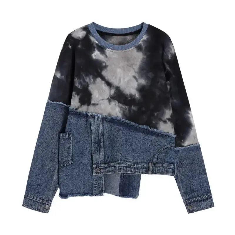 Artistic tie-dye denim stitching long-sleeve sweater by Plush Fashion Hub featuring personalized color design and cozy fit.
