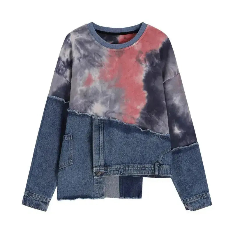 Artistic tie-dye denim stitching long-sleeve sweater by Plush Fashion Hub featuring colorful, loose-fitting design and detailed stitching.