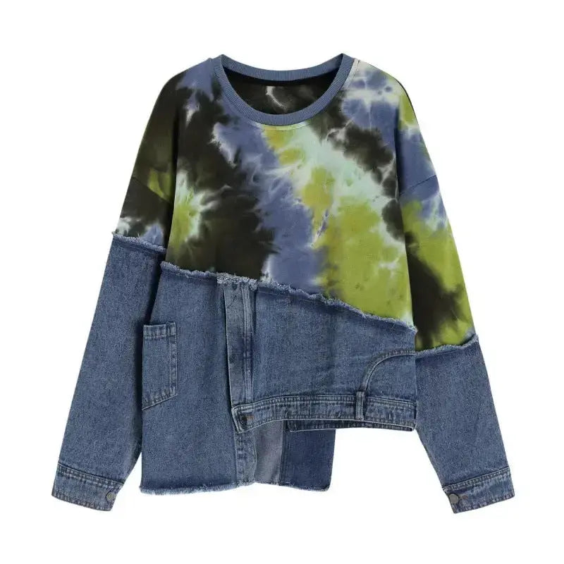 Long-sleeve tie-dye denim sweater by Plush Fashion Hub featuring artistic stitching and a relaxed fit.