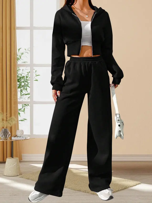 Pink Front Zip Hooded Sweatshirt And Two-piece Pants - Plush Fashion Hub