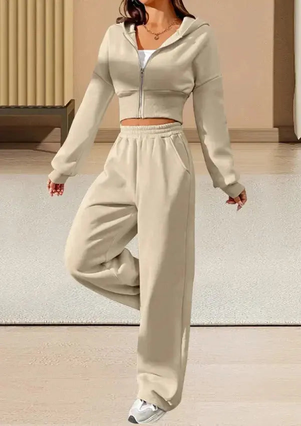 Women’s pink front zip hooded sweatshirt and matching jogger pants 2-piece set by Plush Fashion Hub, casual loungewear ensemble.