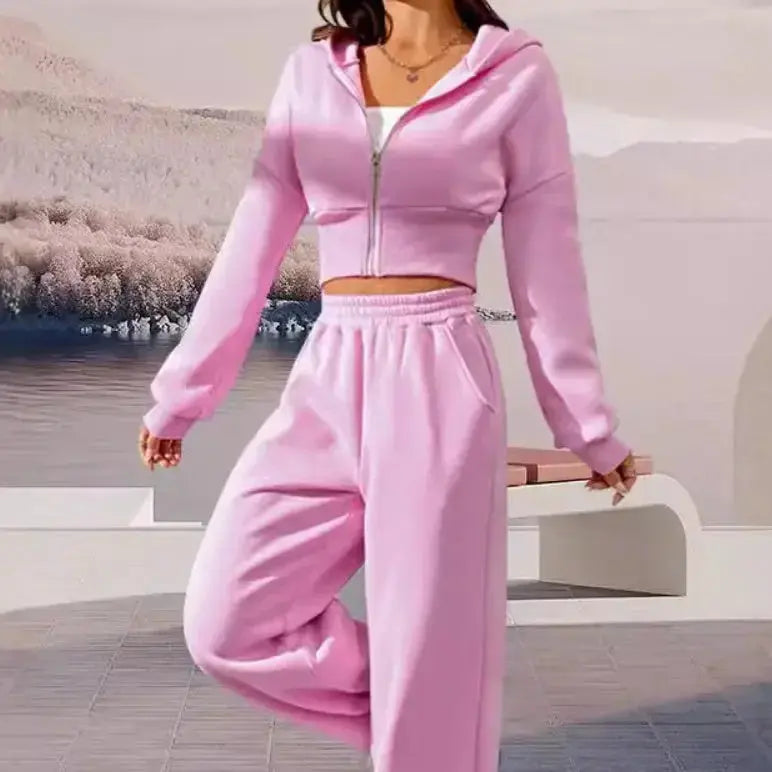 Pink front-zip hooded sweatshirt and matching jogger pants 2-piece set by Plush Fashion Hub, casual and comfortable womens loungewear