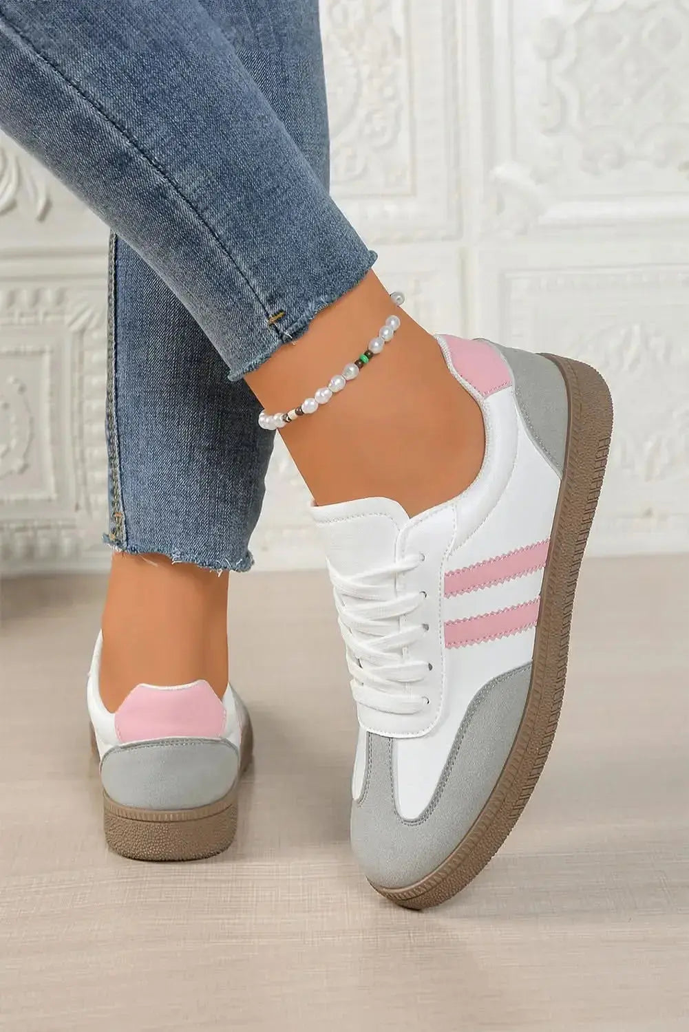 Pink striped patchwork PU leather women's sneakers with lace-up design from Plush Fashion Hub.