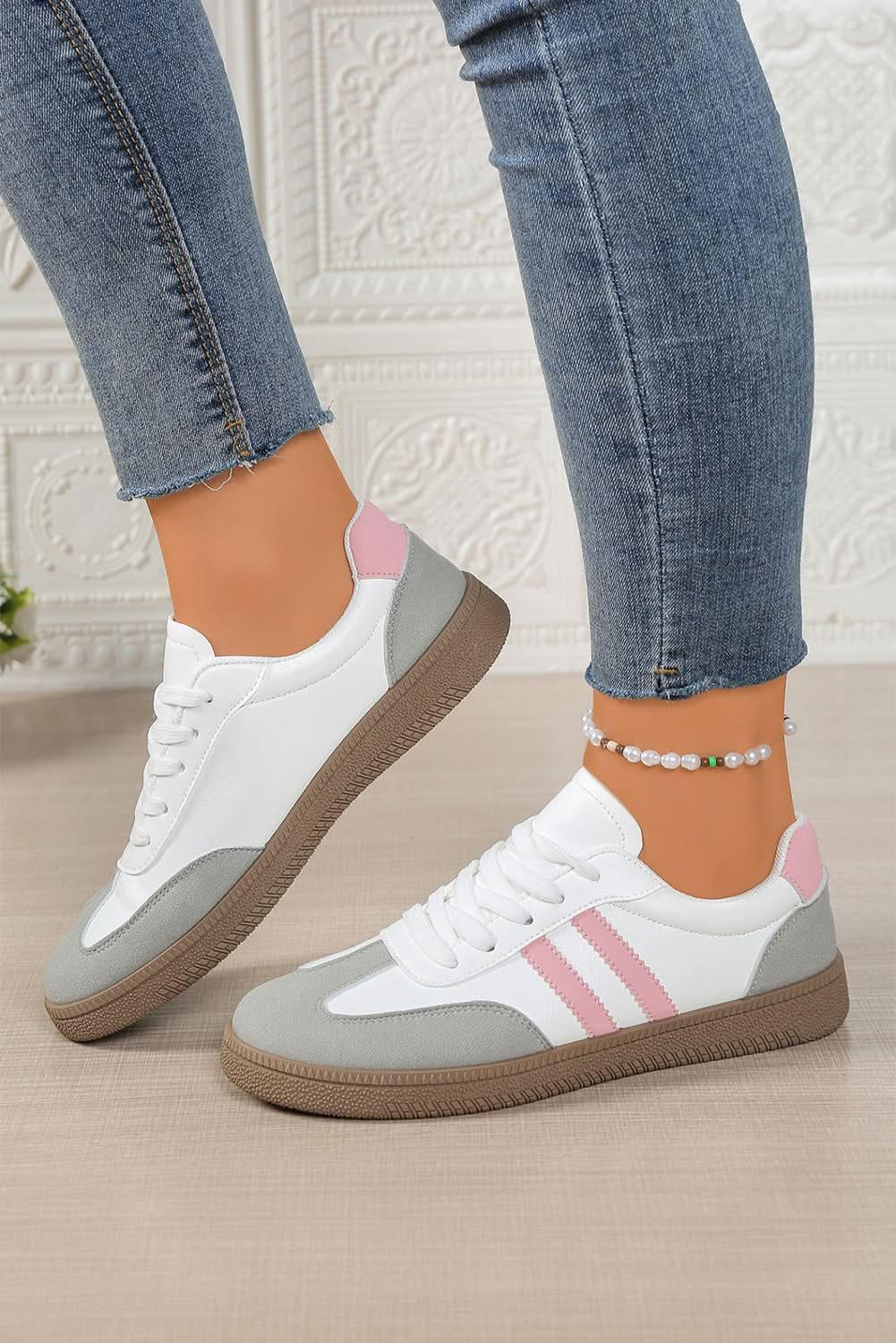 Pink striped patchwork PU leather women's sneakers with lace-up design from Plush Fashion Hub.
