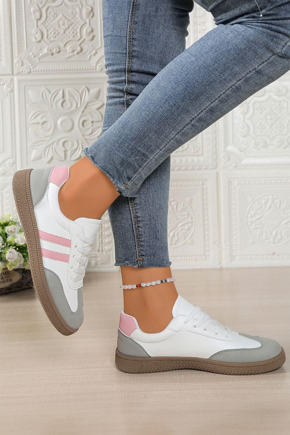 Women’s pink striped patchwork PU leather lace-up sneakers from Plush Fashion Hub, featuring vibrant design and stylish construction.