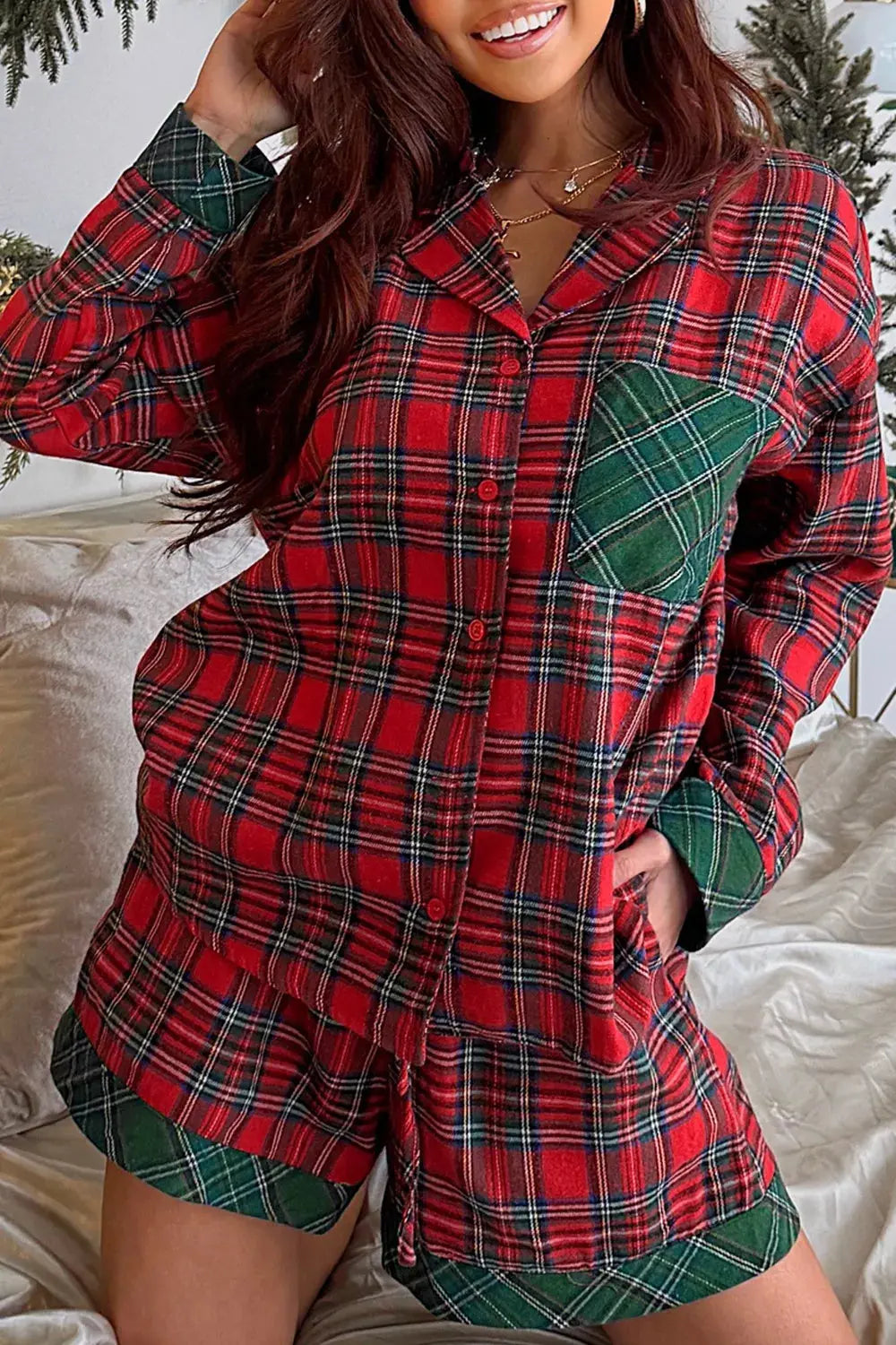 Plaid Christmas Holiday Long Sleeve Shirt and Short 2pcs Pajama Set - Plush Fashion Hub