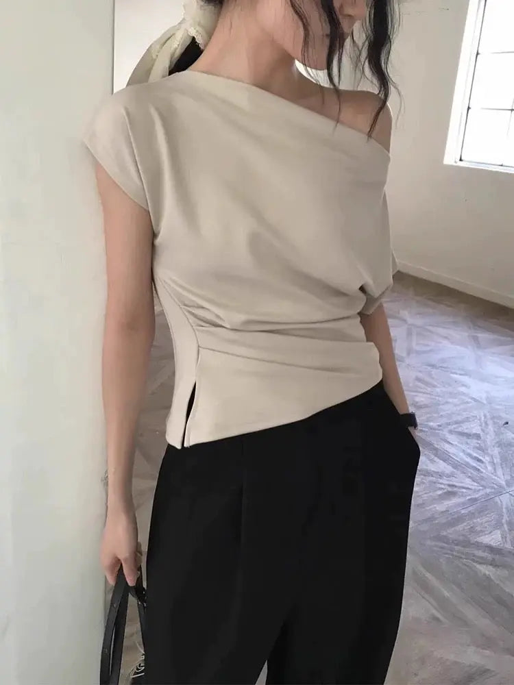 Pleated Off-Shoulder Irregular Versatile Top Plush Fashion Hub