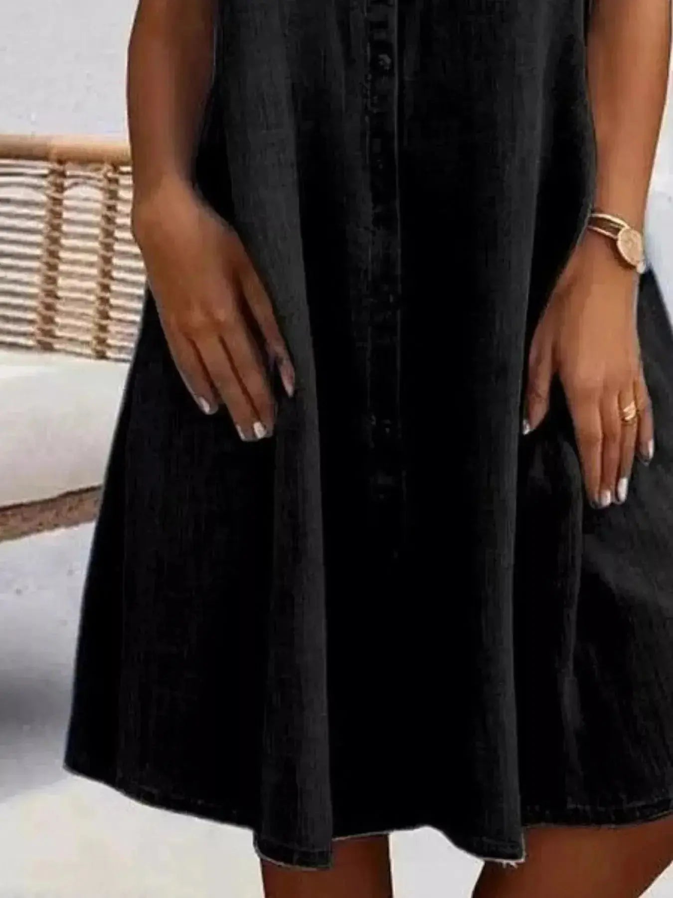 Plus size button-front short sleeve denim dress by Trendsi, casual midi style with flattering fit and classic denim look.