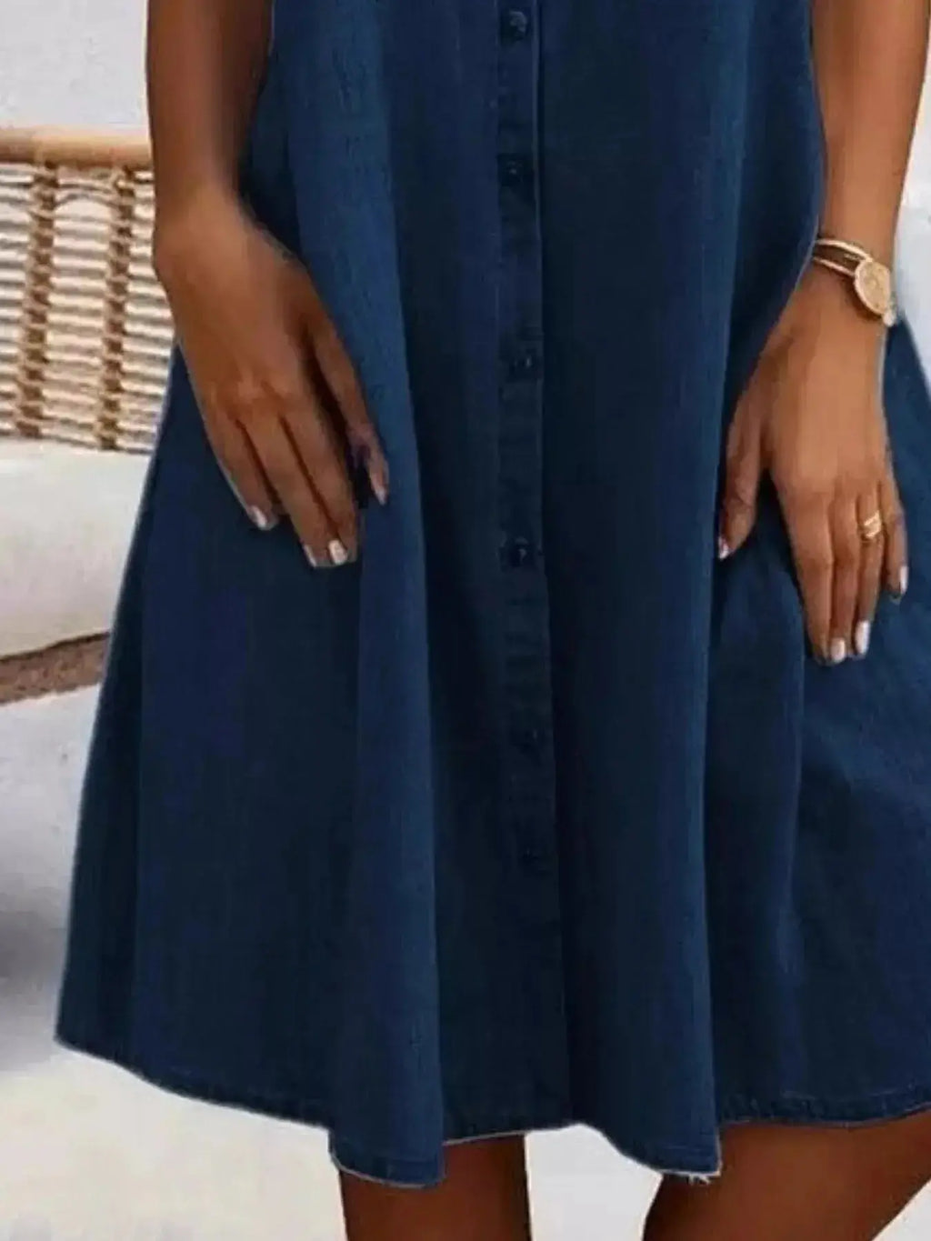 Plus size button-front short sleeve denim dress by Trendsi, featuring a flattering casual midi style with classic denim fabric.
