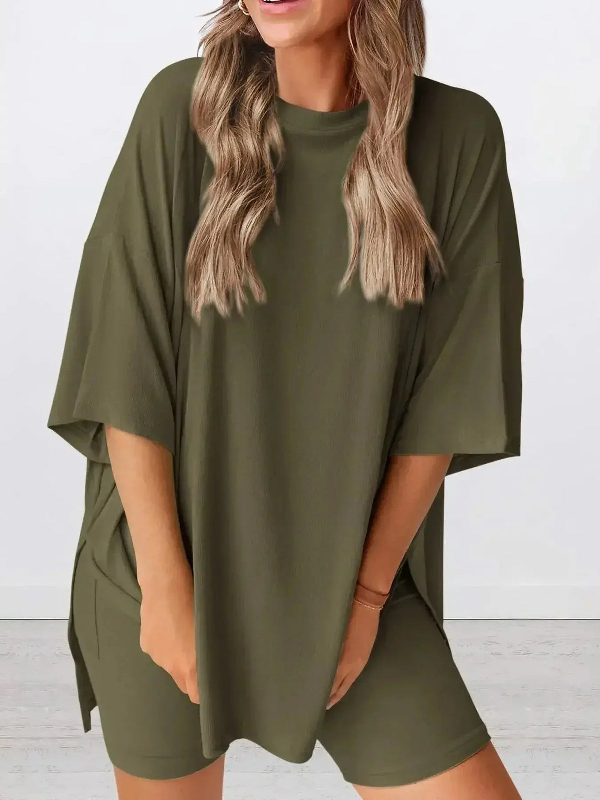 Plus size oversized slit neck rayon lounge pajamas set for women, soft and comfortable for relaxed evenings and sleeping.