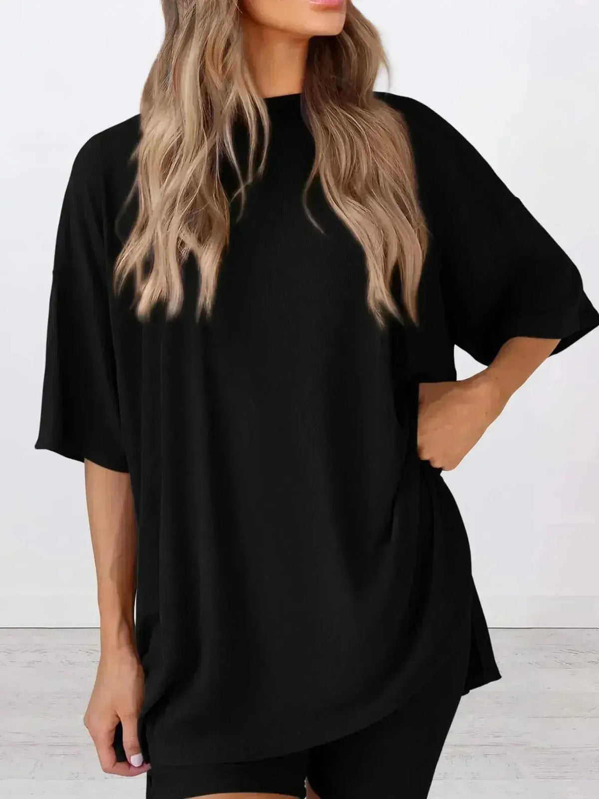 Plus size oversized slit neck lounge set for women, soft rayon pajamas with relaxed fit and comfortable design.