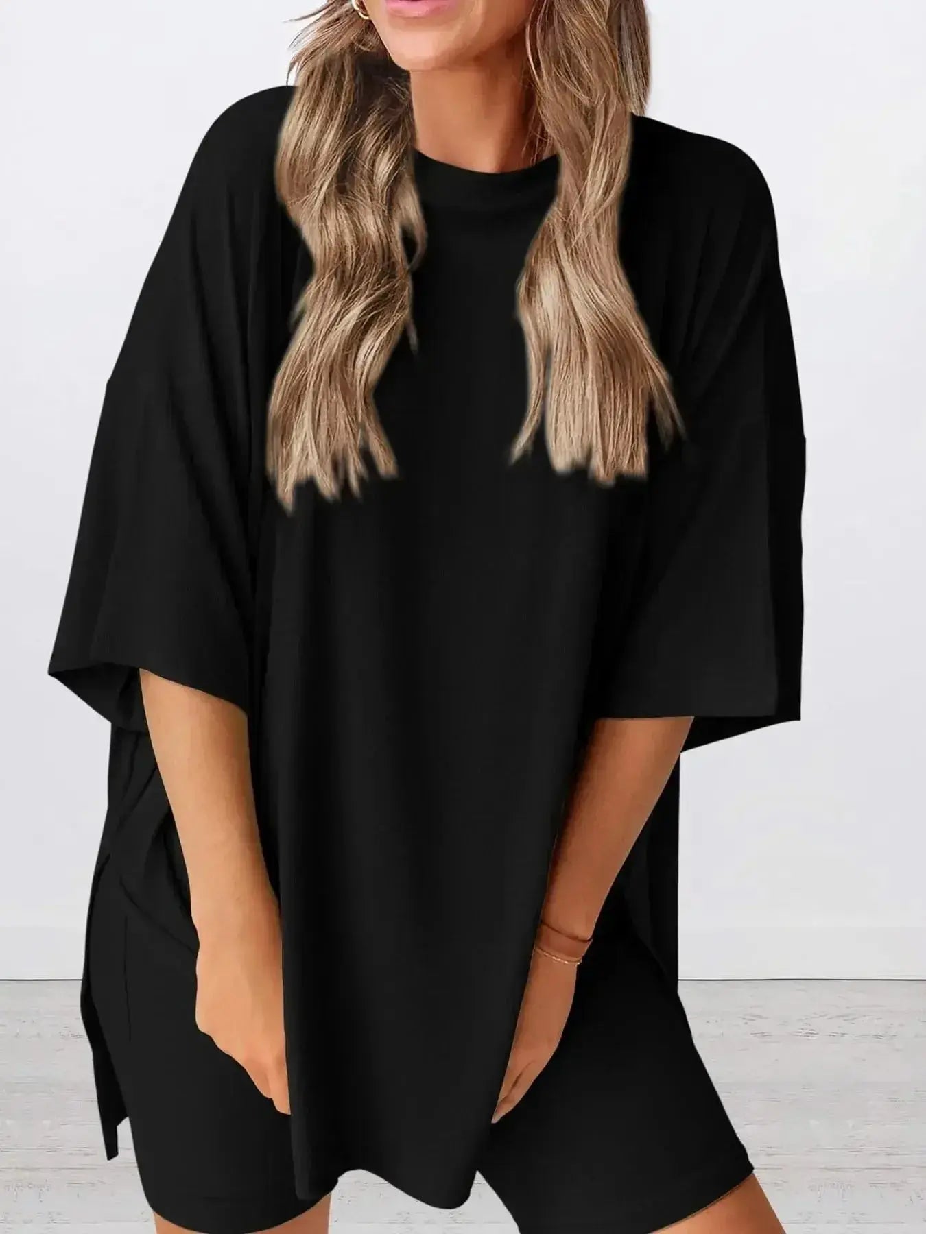 Plus size oversized slit neck lounge set for women, soft rayon pajamas with relaxed fit, ideal for comfortable home wear.