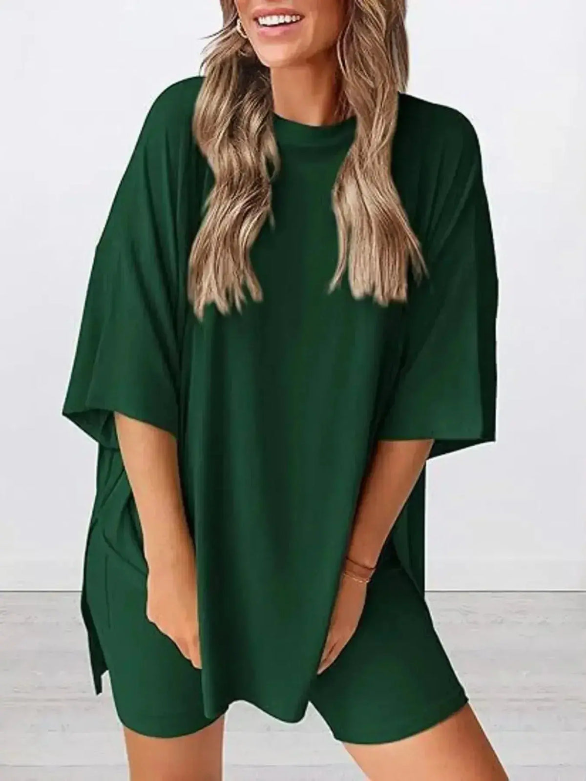 Plus size oversized slit neck lounge set by Plush Fashion Hub, soft rayon pajamas for women, relaxed fit and comfortable design.