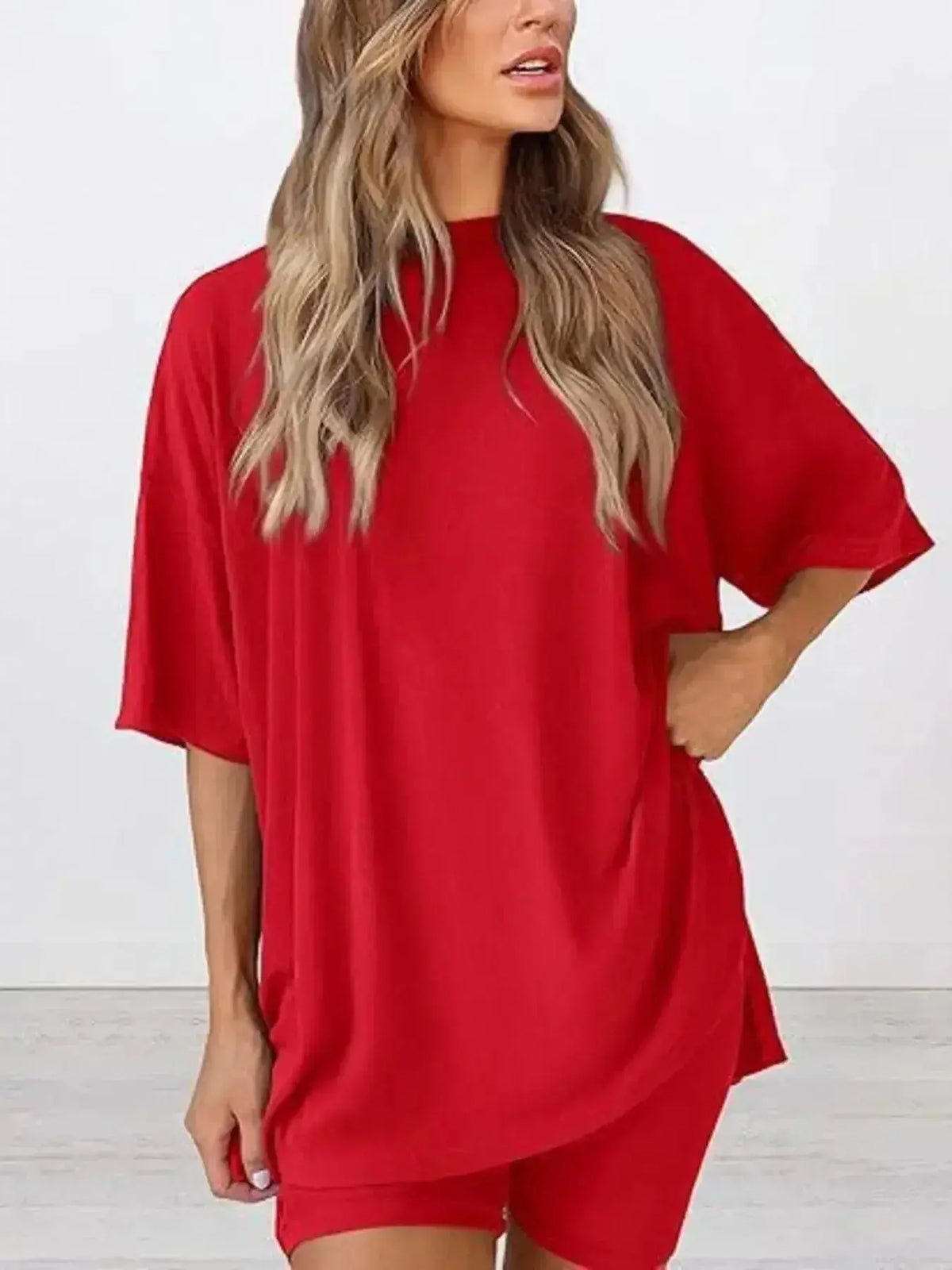 Plus size oversized slit neck lounge set by Plush Fashion Hub, soft rayon pajamas for women, relaxed fit and comfortable design.