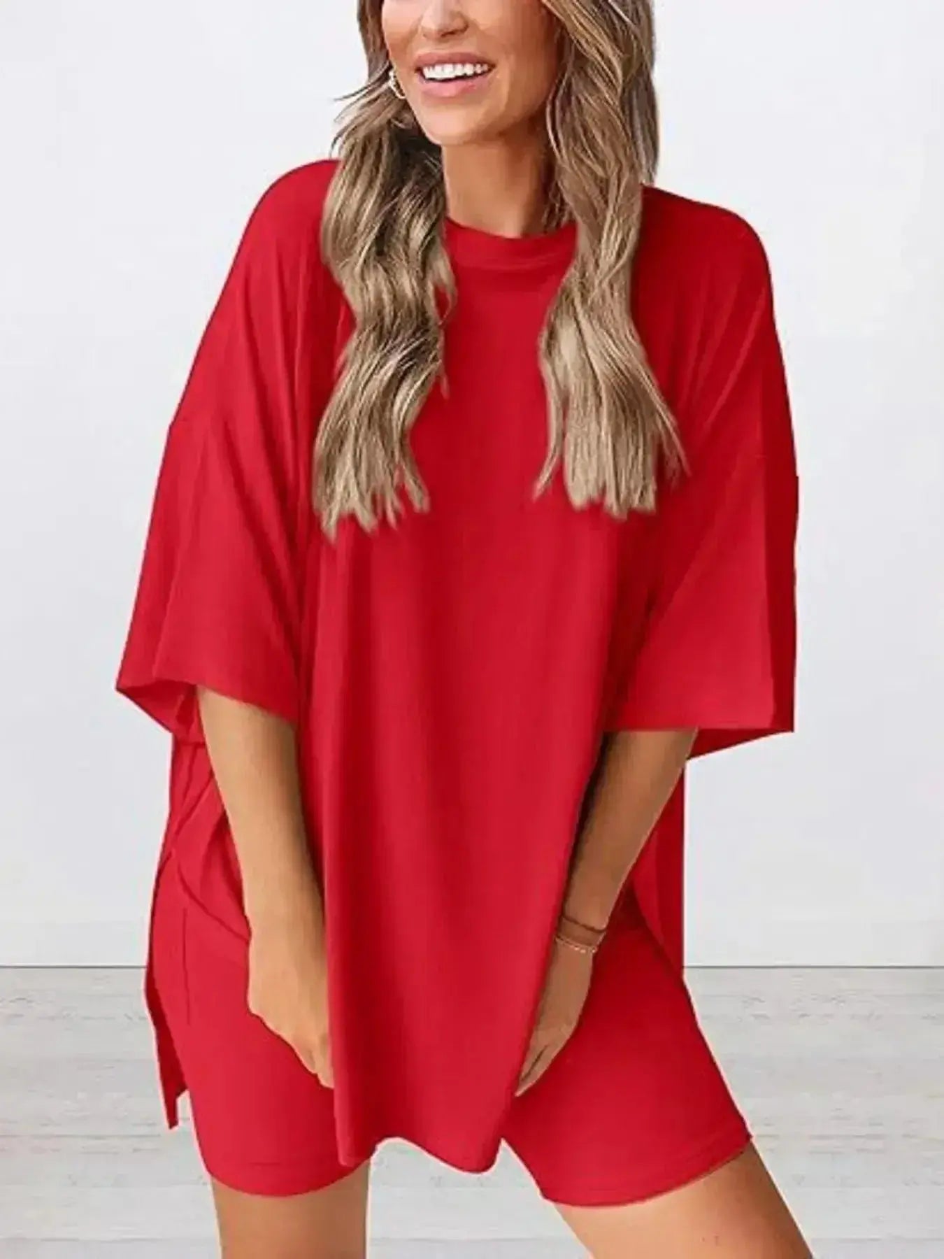 Plus size oversized slit neck lounge set for women, soft rayon pajamas with relaxed fit and comfortable design.