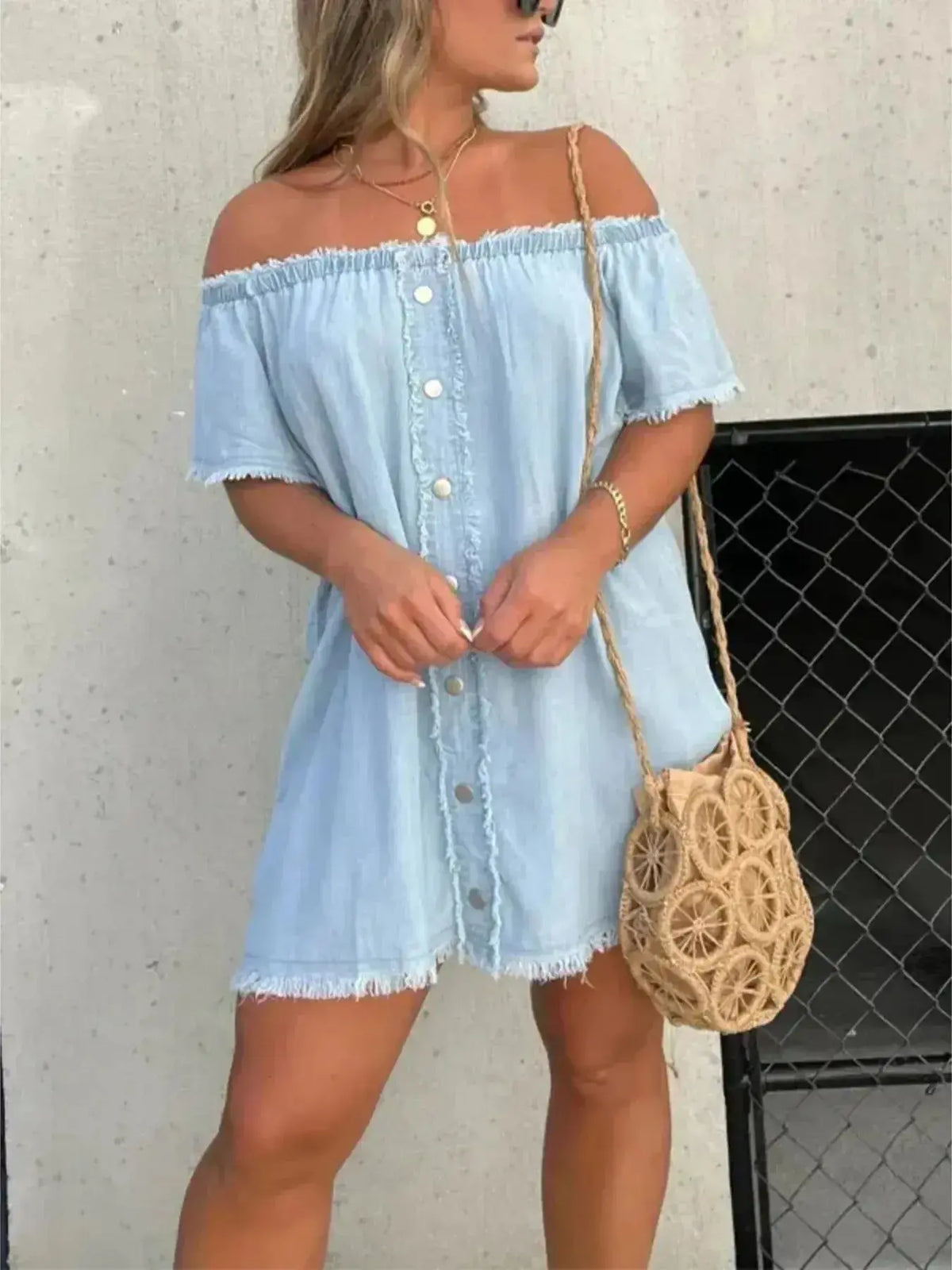 Plus size stretchy raw hem denim button-down mini dress by Plush Fashion Hub, casual and trendy with a fitted silhouette.