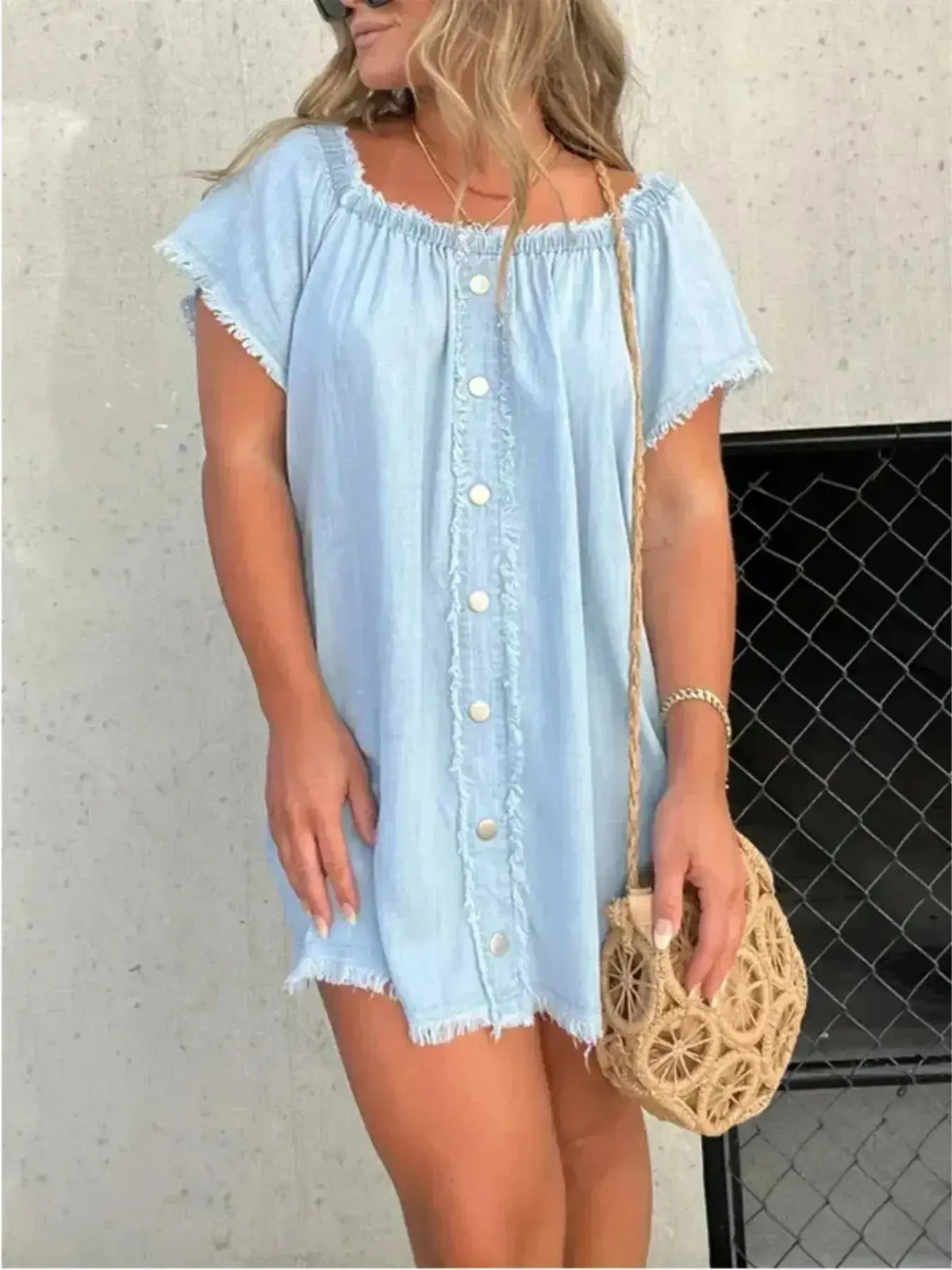 Plus size stretchy denim mini dress with raw hem, button-down front, casual style from Plush Fashion Hub.