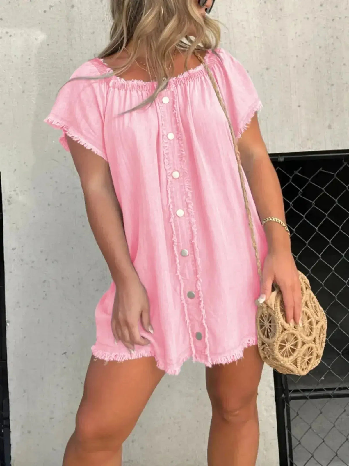 Plus size stretchy denim mini dress with raw hem and button-down front, casual style by Plush Fashion Hub.