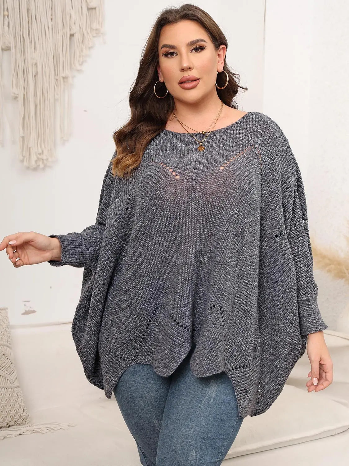 Plus Size Round Neck Batwing Sleeve Sweater - Plush Fashion Hub