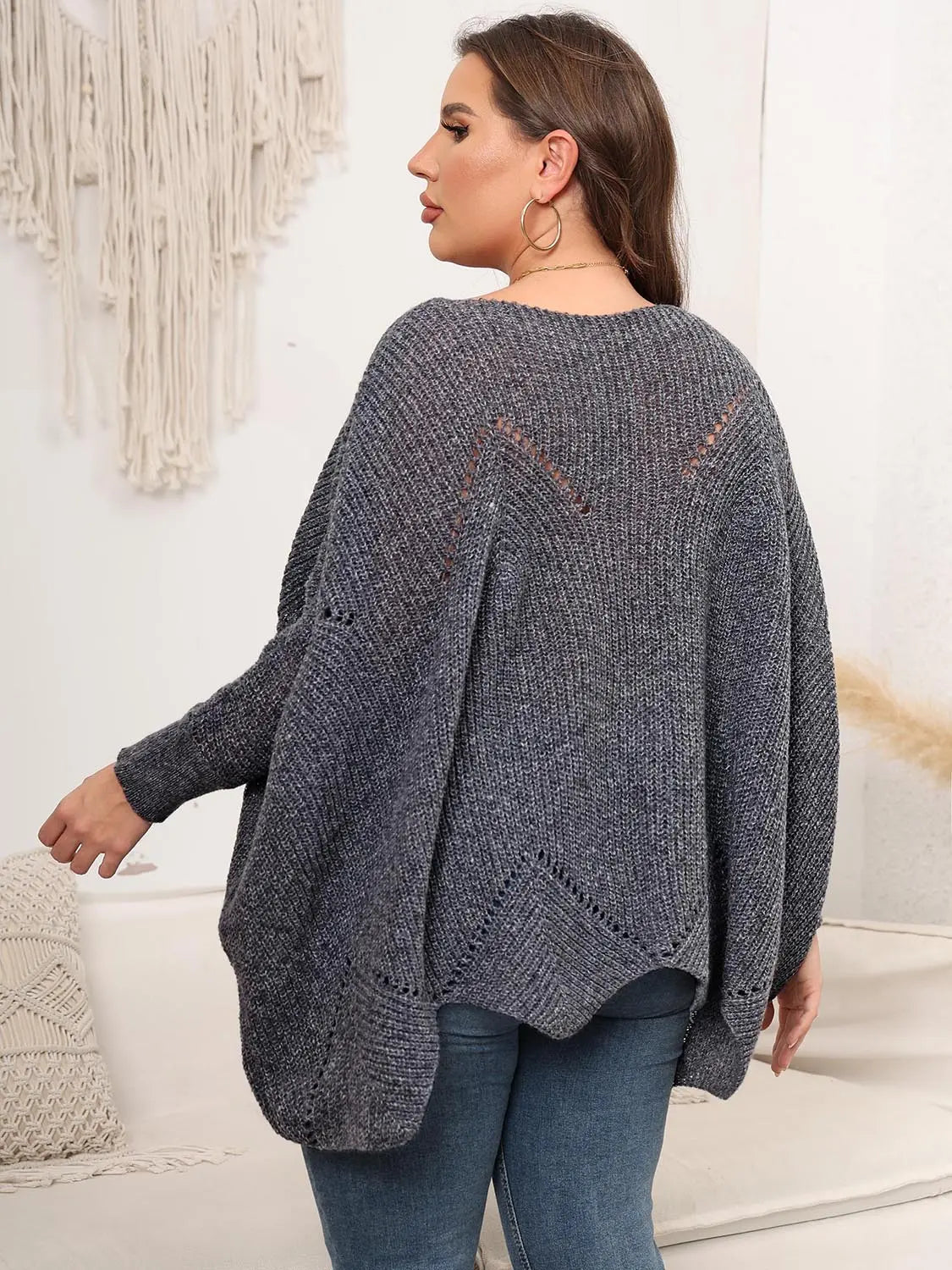 Plus Size Round Neck Batwing Sleeve Sweater - Plush Fashion Hub