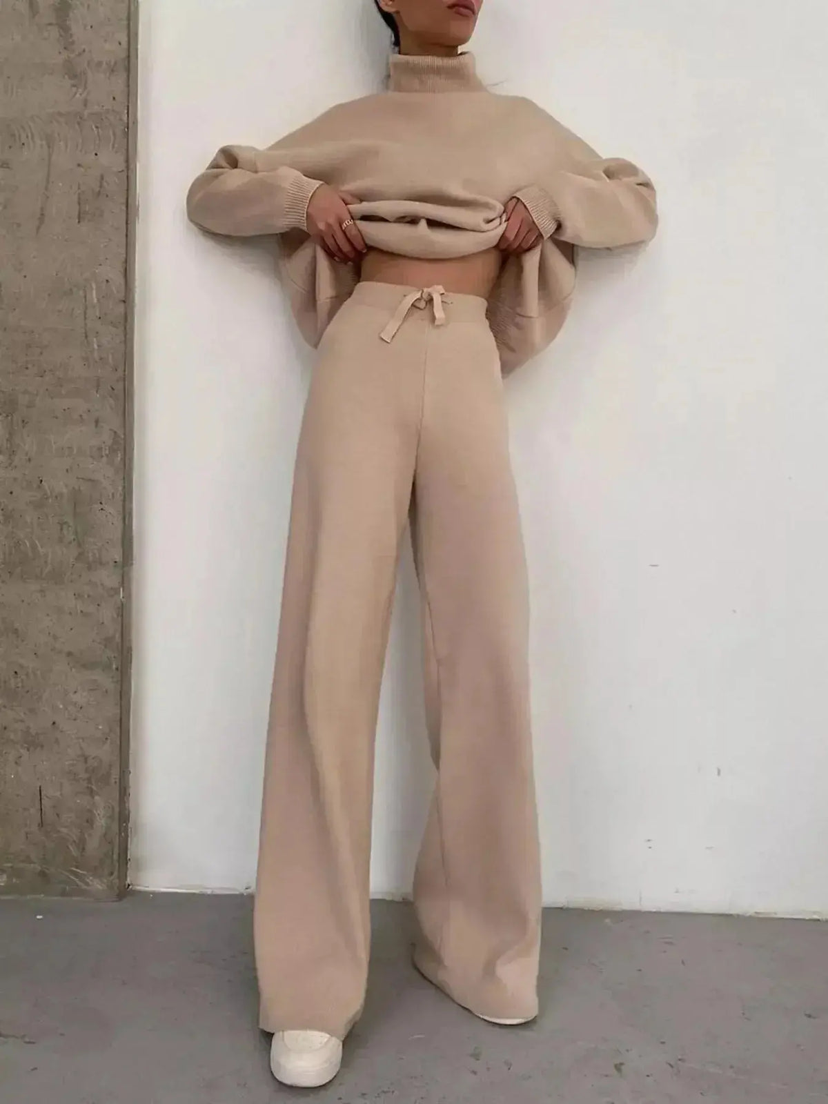 Plus size turtleneck long sleeve sweater and matching pants lounge set by Plush Fashion Hub, cozy and stylish for relaxing.