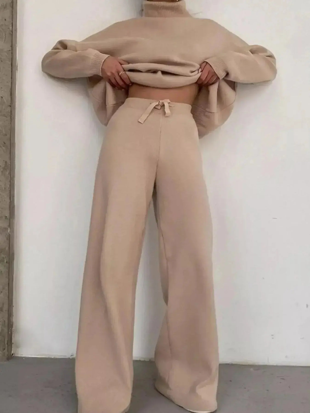 Plus size turtleneck long sleeve sweater and matching pants lounge set by Plush Fashion Hub, comfortable casual wear.