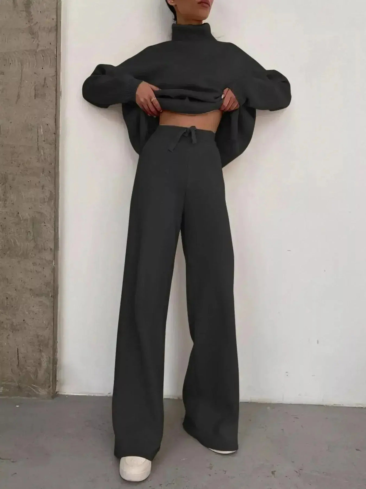 Plus size turtleneck long sleeve sweater and pants lounge set by Plush Fashion Hub, cozy two-piece outfit for relaxed wear.