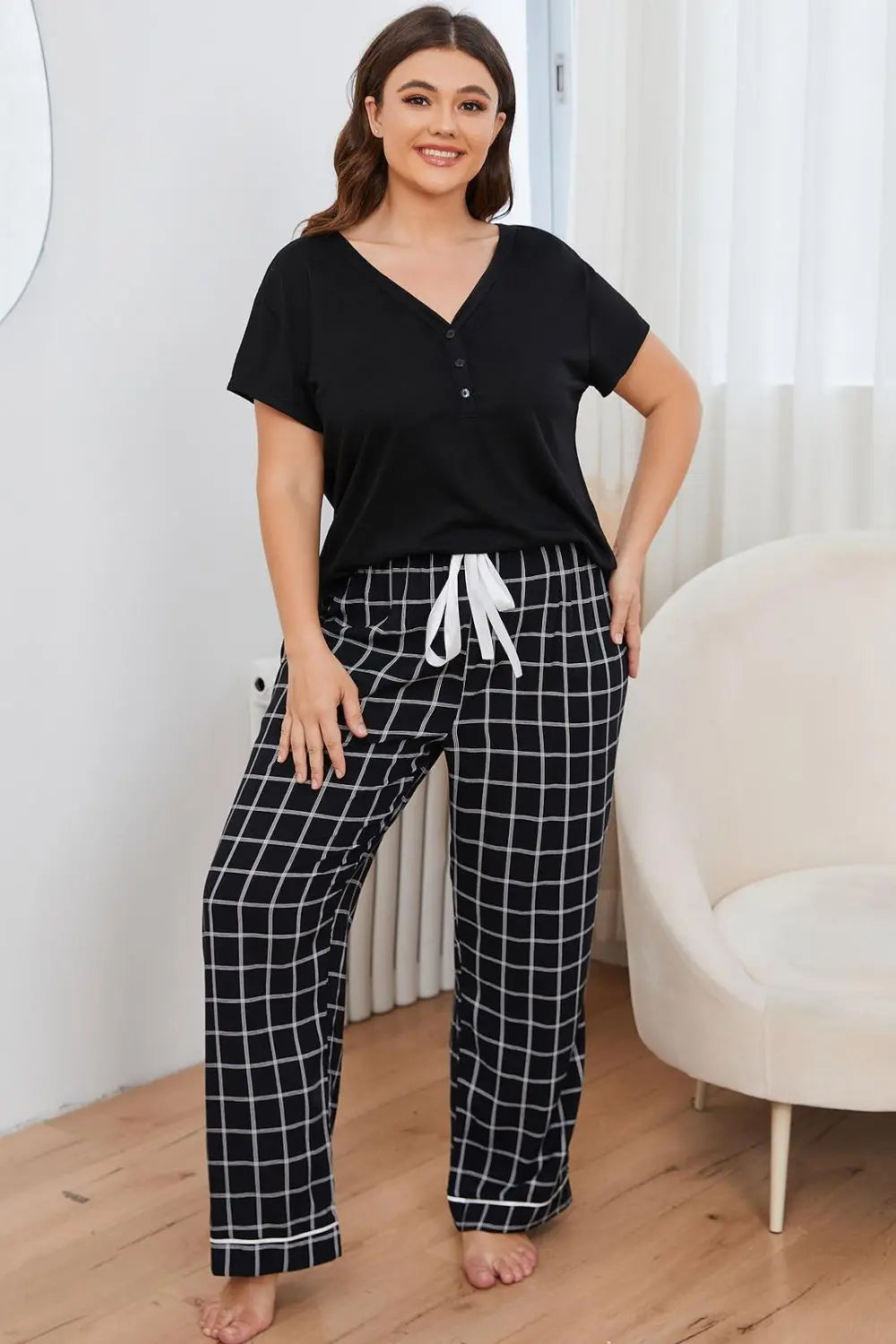 Plus Size V-Neck Top and Plaid Pants Lounge Set - Plush Fashion Hub