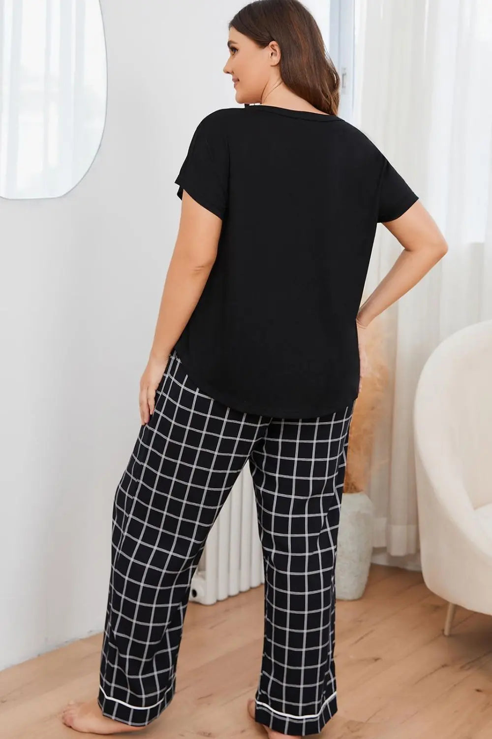 Plus Size V-Neck Top and Plaid Pants Lounge Set - Plush Fashion Hub