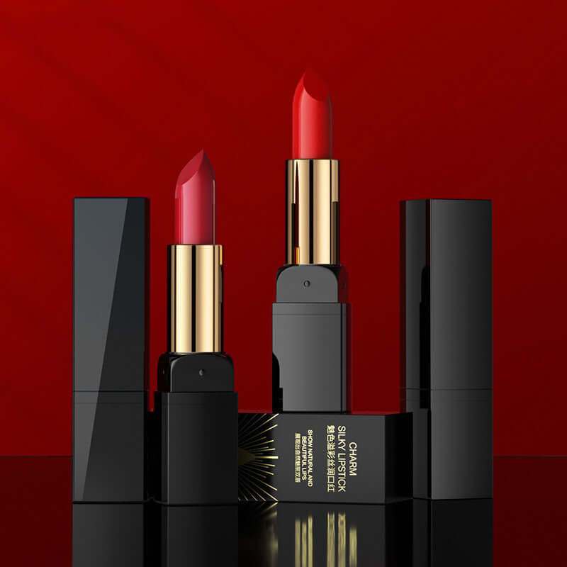 Plush Fashions Gentle Moisturizing Lipstick in vibrant shades against red background.