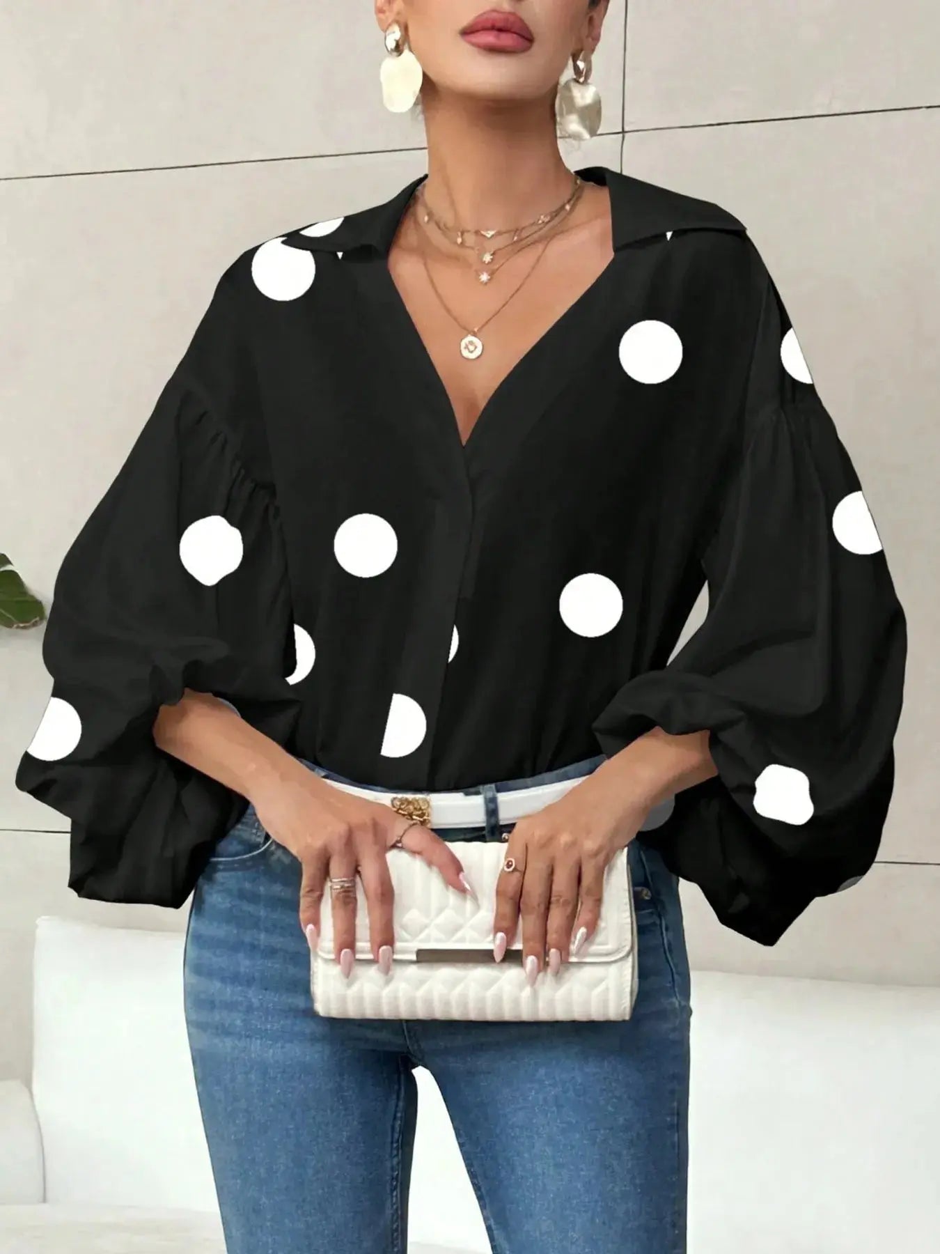 Polka Dot Balloon Sleeve Blouse - Plush Fashion Hub
