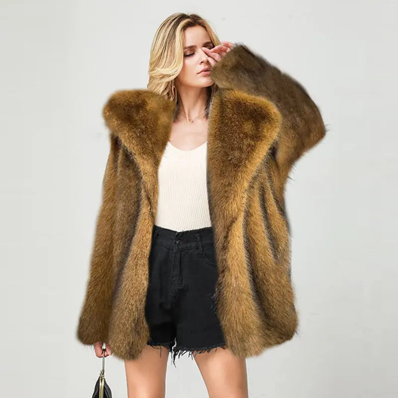 Popular Autumn Winter Faux Fur Mid Length Coat Warm Faux Fur Coat Perfecsy