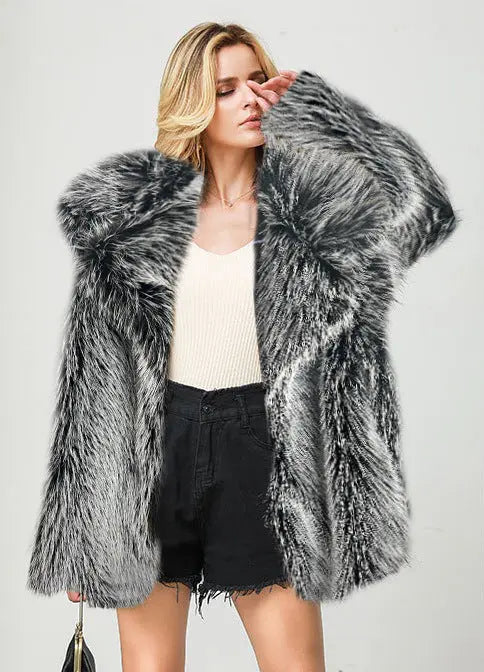 Popular Autumn Winter Faux Fur Mid Length Coat Warm Faux Fur Coat Perfecsy
