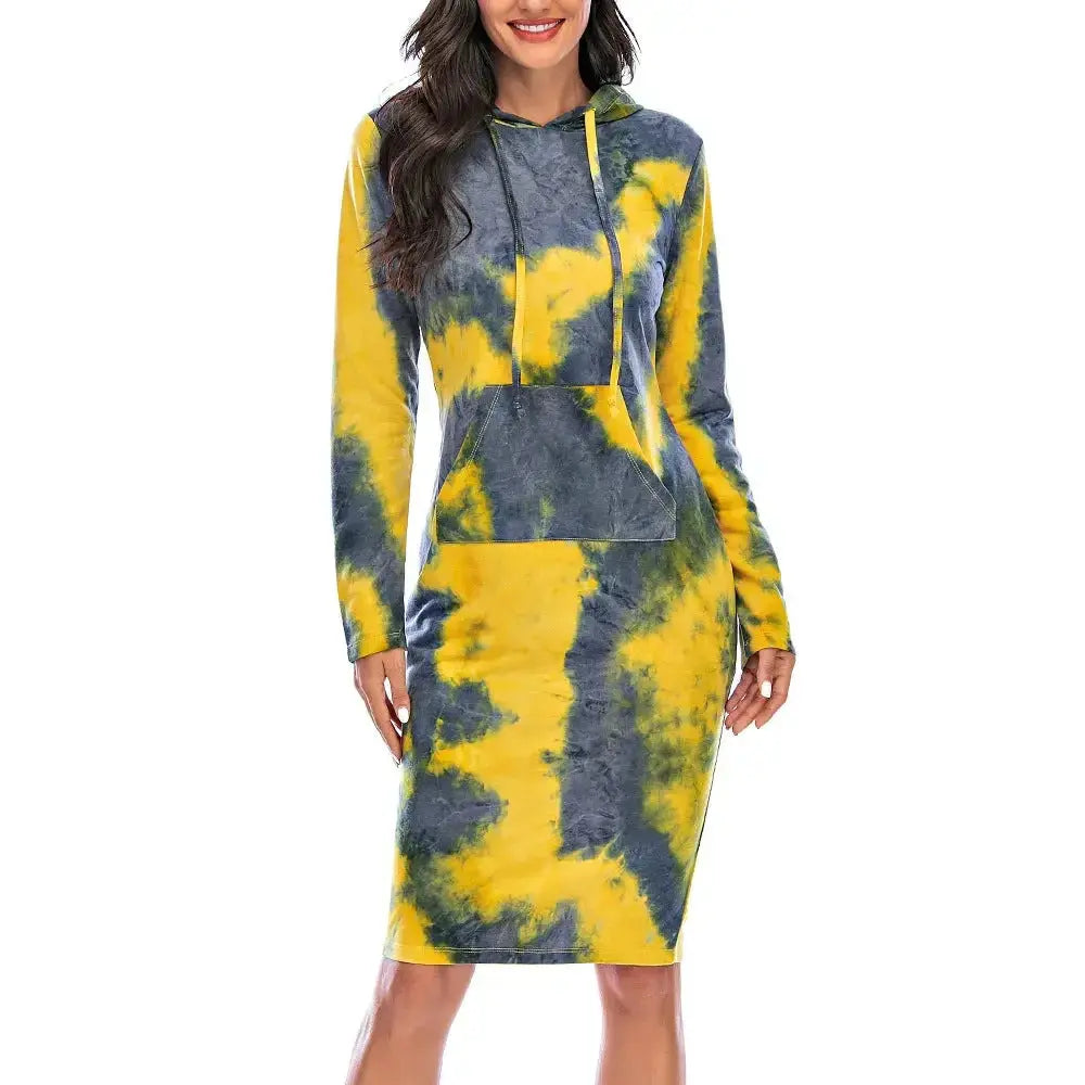 Women's vibrant tie-dye hooded long sleeve sweatshirt from Plush Fashion Hub, featuring colorful pattern and comfortable fit.