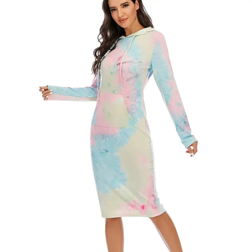 Women's vibrant tie-dye hooded sweatshirt by Plush Fashion Hub featuring long sleeves and a cozy pullover design.