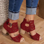 Women's floral cutout chunky heel sandals by Trendy Attic Store01, featuring open toes and floral design on stylish summer shoes