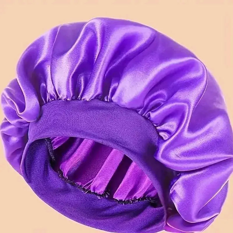 Plush Fashion Hub premium satin sleep bonnet with wide comfort band for gentle hair protection during sleep