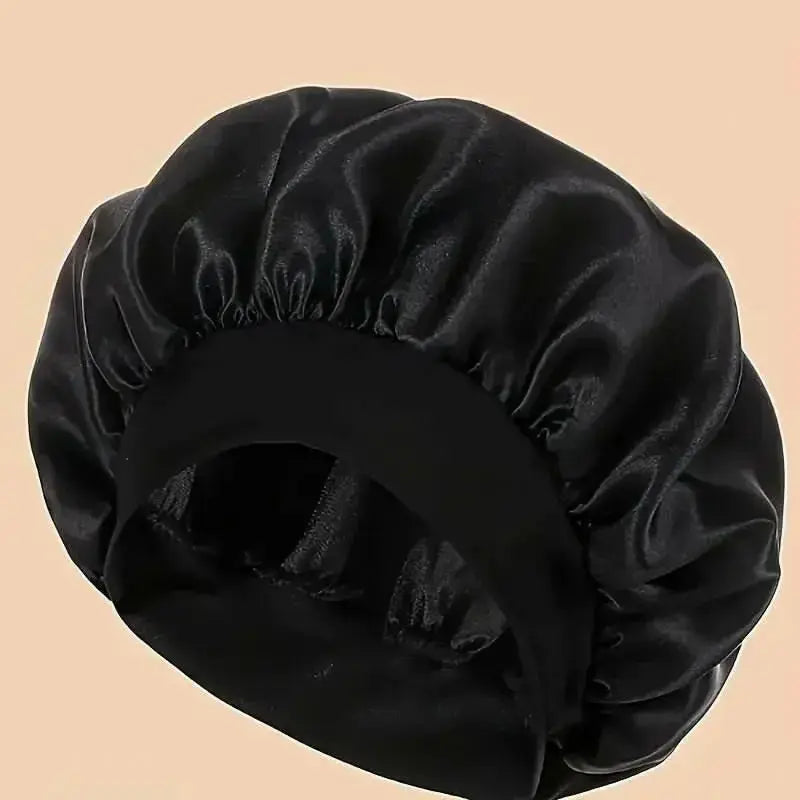 Plush Fashion Hub premium satin sleep bonnet with wide comfort band for gentle hair protection during sleep