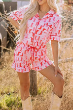 Printed button-down shirt and shorts pajama loungewear set by Trendsi, featuring a comfortable, casual sleepwear design.