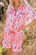 Printed button-down shirt and shorts pajama loungewear set by Trendsi, featuring a comfortable, casual sleepwear design.