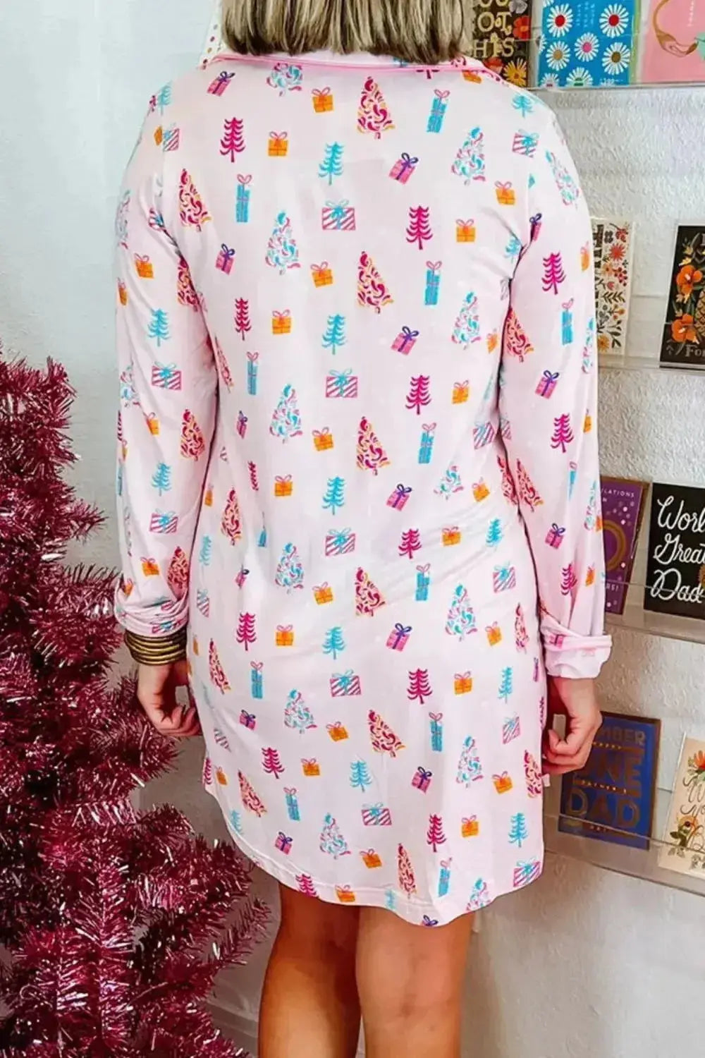 Printed collared long sleeve lounge dress with pockets, stylish pajamas by Trendsi in soft, comfortable fabric.