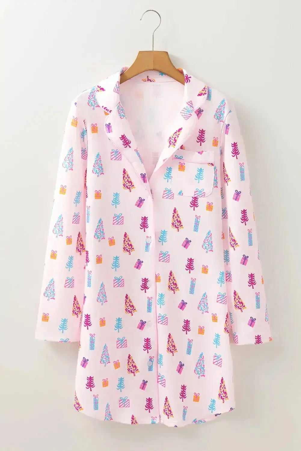 Printed collared long sleeve lounge dress with pockets, cozy pajamas by Trendsi, featuring a comfortable fit and stylish design.
