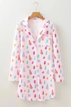Printed collared long sleeve lounge dress with pockets, cozy pajamas by Trendsi, featuring a comfortable fit and stylish design.