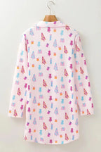 Printed collared long sleeve lounge dress with pockets, soft pajama style from Trendsi, featuring a comfortable, casual fit.
