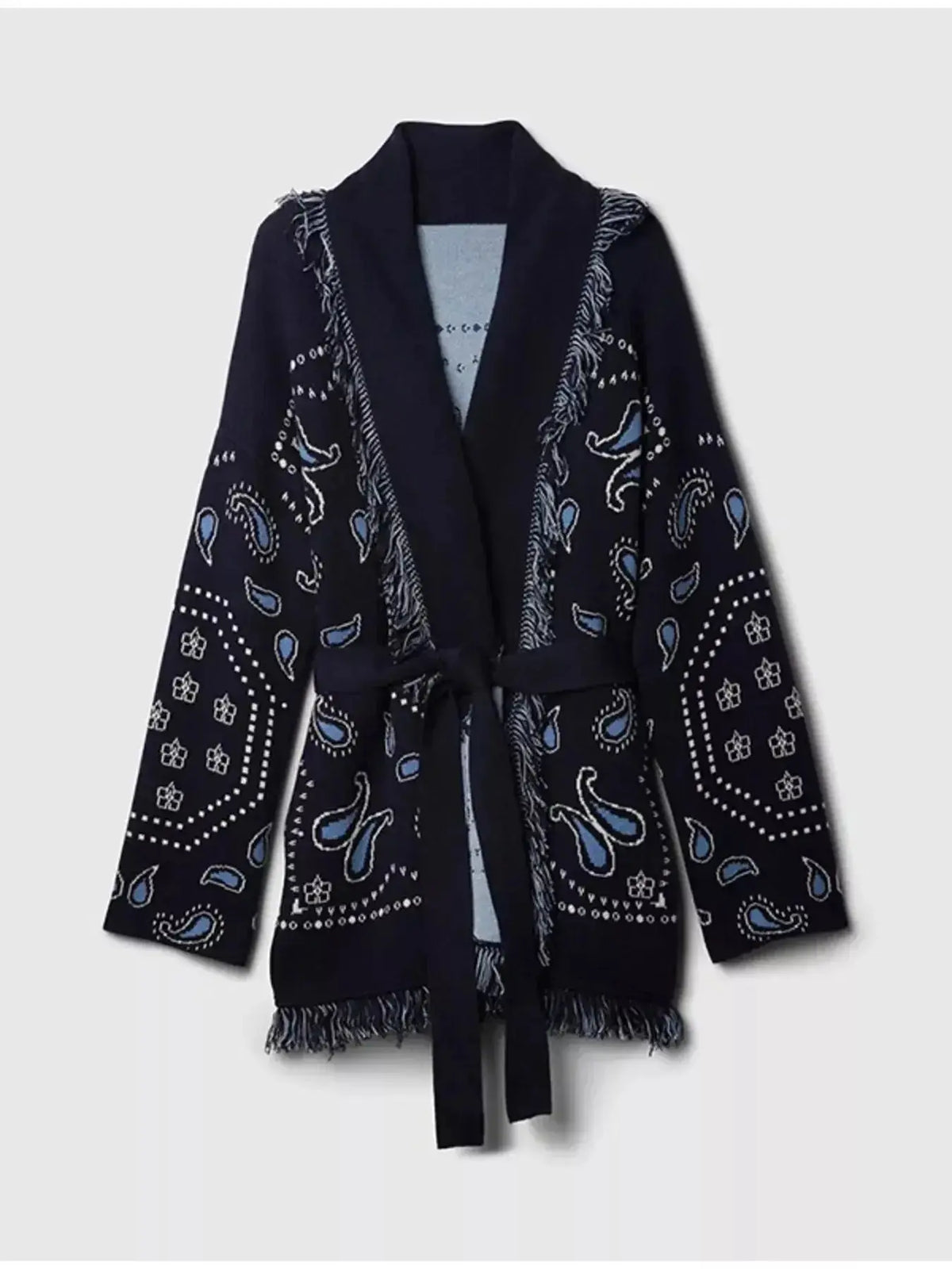 Bohemian printed fringe knit cardigan with long sleeves and tie front, from Plush Fashion Hub, featuring intricate patterns and cozy fabric.