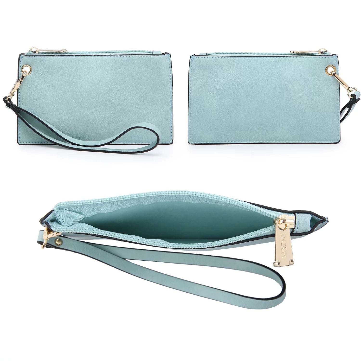 Professional women's 3-piece handbag set with a tote, shoulder bag, and clutch in light blue.