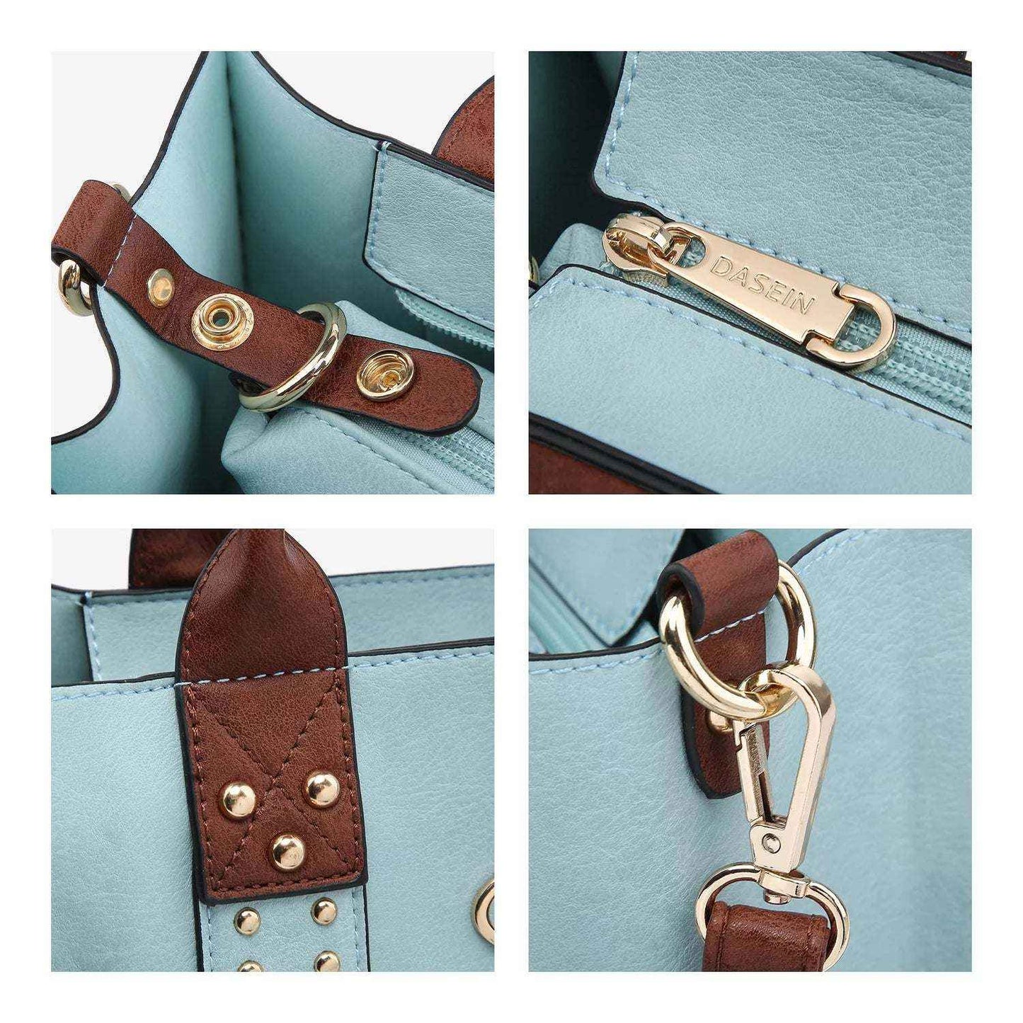 Close-up details of Professional Women's 3-Piece Handbag Set in blue with brown accents.