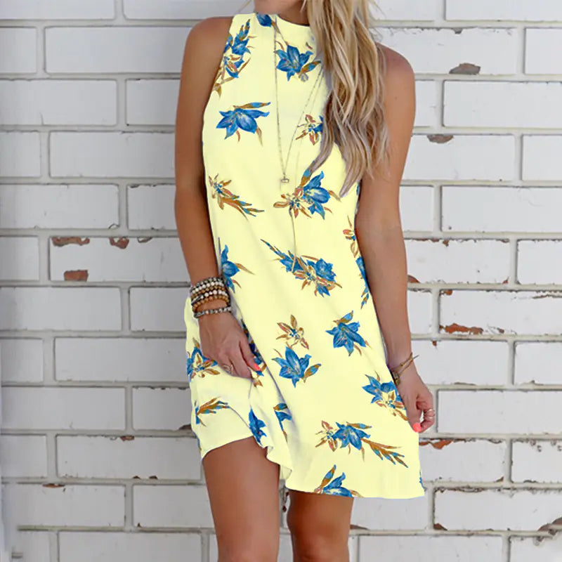 Multicolor sleeveless halter dress for women with vibrant pattern, stylish fit, and modern design from Trendy Attic Store01.
