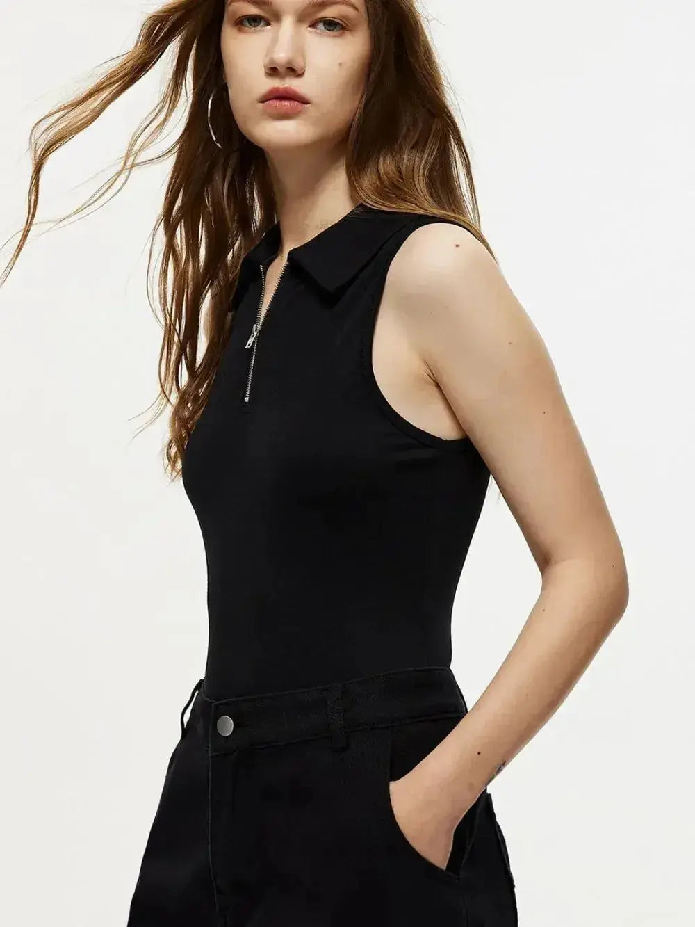 Women's sleeveless quarter-zip collared bodysuit jumper by Plush Fashion Hub, slim-fit design with a stylish collar and sleeveless style.